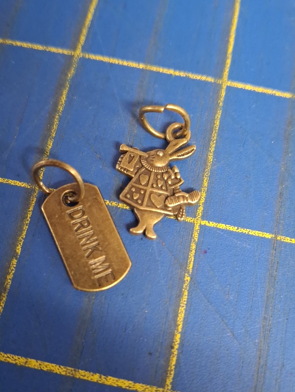 Alice In Wonderland 'Drink Me' & Rabbit Charms Antique Gold Tone Charms
